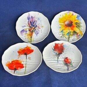 Set of 4 Demdaco Dean Crouser Floral Appetizer Salad Dessert Plate Stoneware